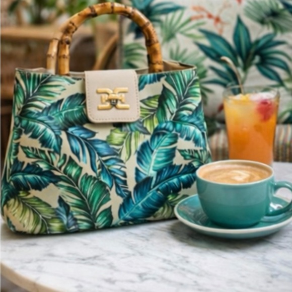 Sam Edelman Green Leaf Print Satchel with Bamboo Handle